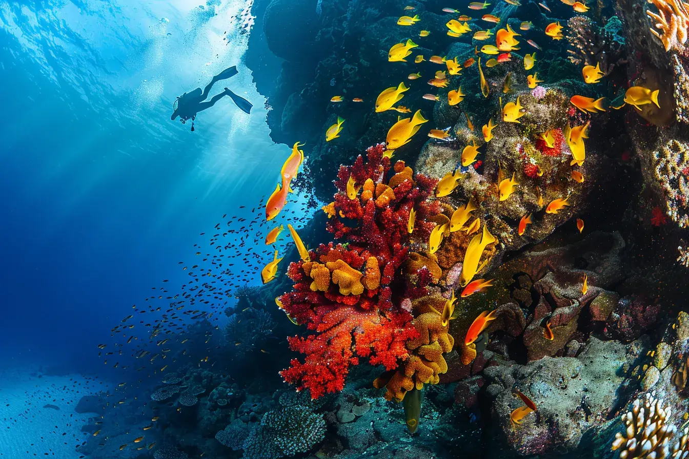 Vibrant coral reef and marine life at Manchones Reef, Isla Mujeres