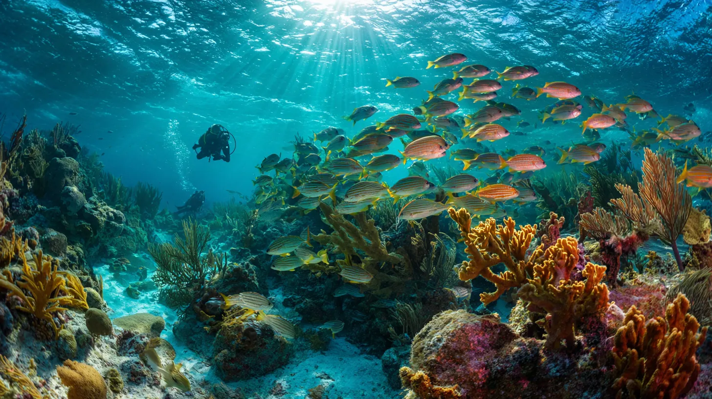 Scuba divers exploring coral reef at Isla Mujeres, Mexico